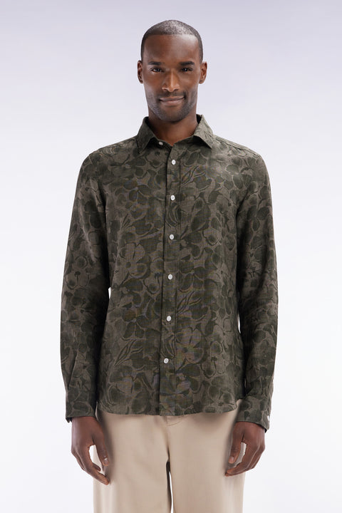 Chemise imprimée en lin kaki coupe ajustée - Image 1