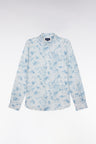 Slim-fit sky blue linen shirt with floral print