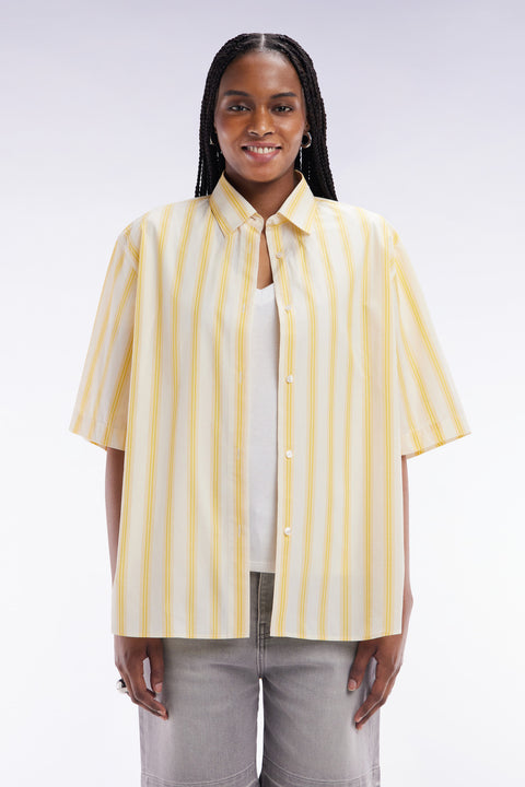 Chemise à manches courtes rayée en coton jaune et blanche coupe oversized - Image 3