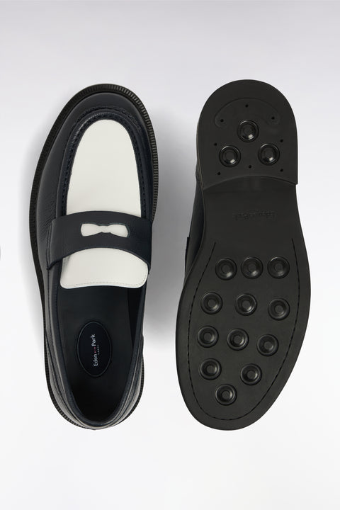 Mocassins bicolores en cuir grainé bleu marine et blanc - Image 3