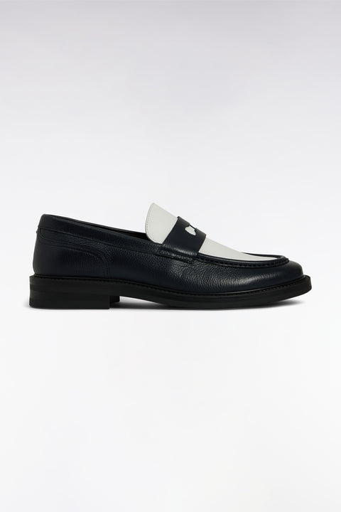 Mocassins bicolores en cuir grainé bleu marine et blanc - Image 1