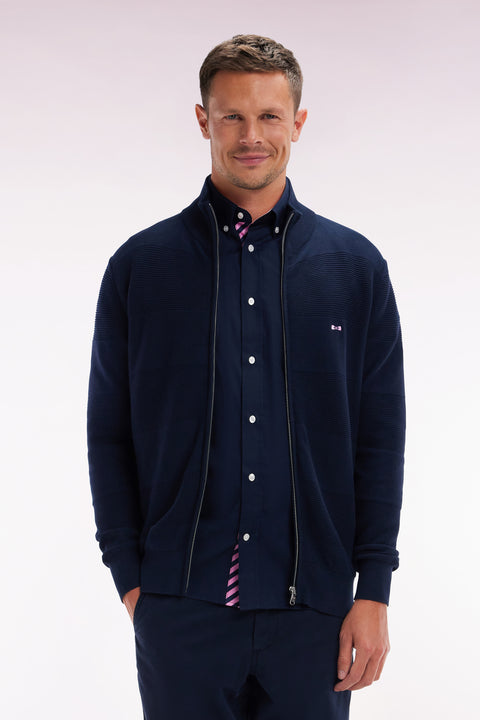 Cardigan zippé en tricot de coton marine coupe droite - Image 1