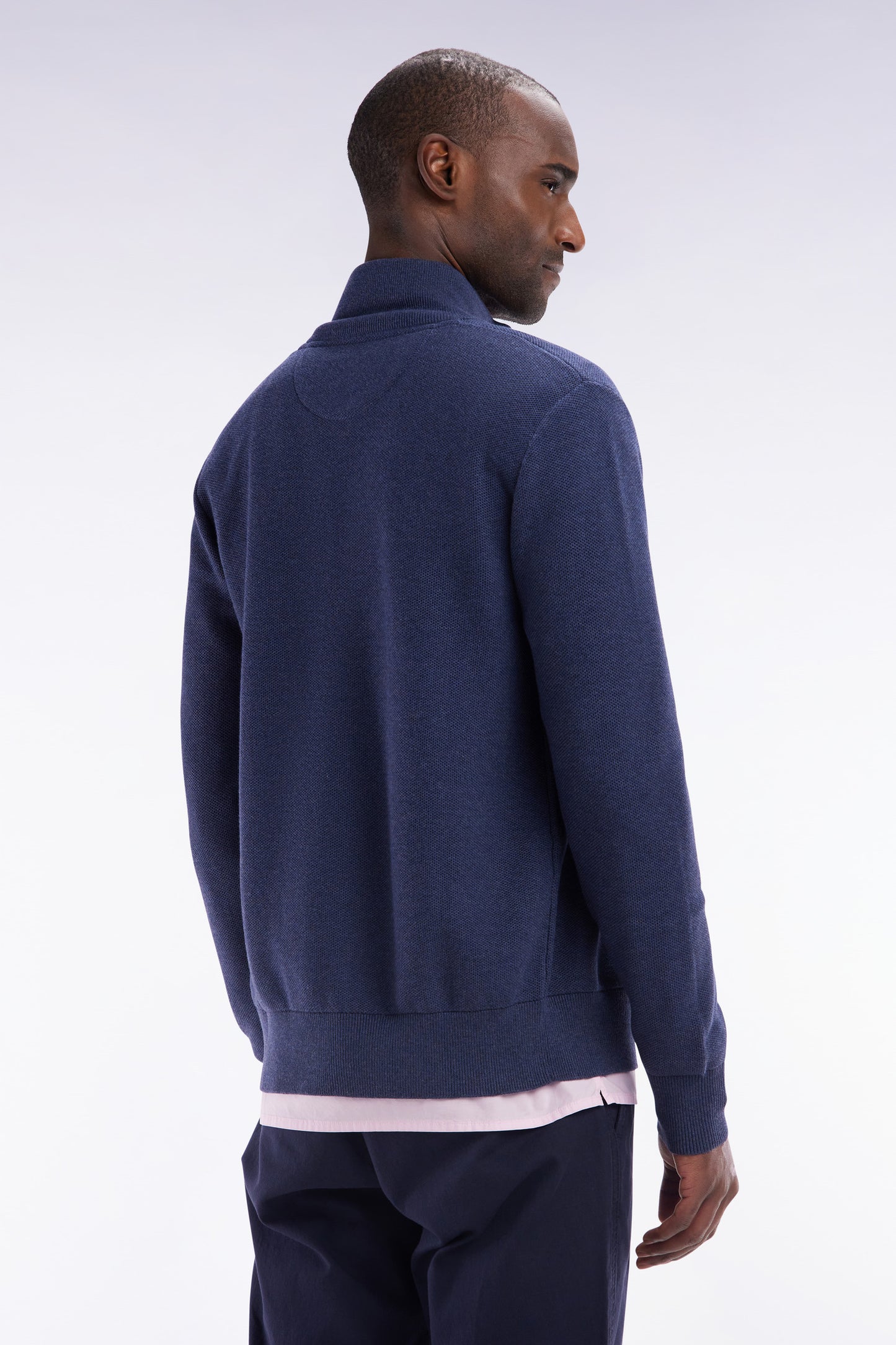 Straight-fit zipped navy honeycomb cotton cardigan