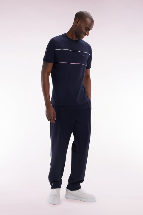 Straight-cut navy stretch cotton fleece jogging pants with sky blue piping - Image 3