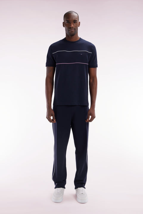 Straight-cut navy stretch cotton fleece jogging pants with sky blue piping - Image 1