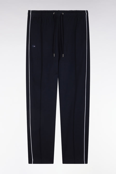 Straight-cut navy stretch cotton fleece jogging pants with sky blue piping - Image 2