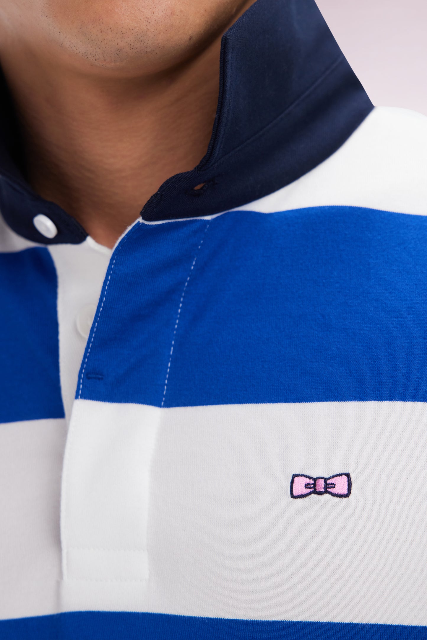 Straight short-sleeved rugby shirt in blue and white striped Pima cotton