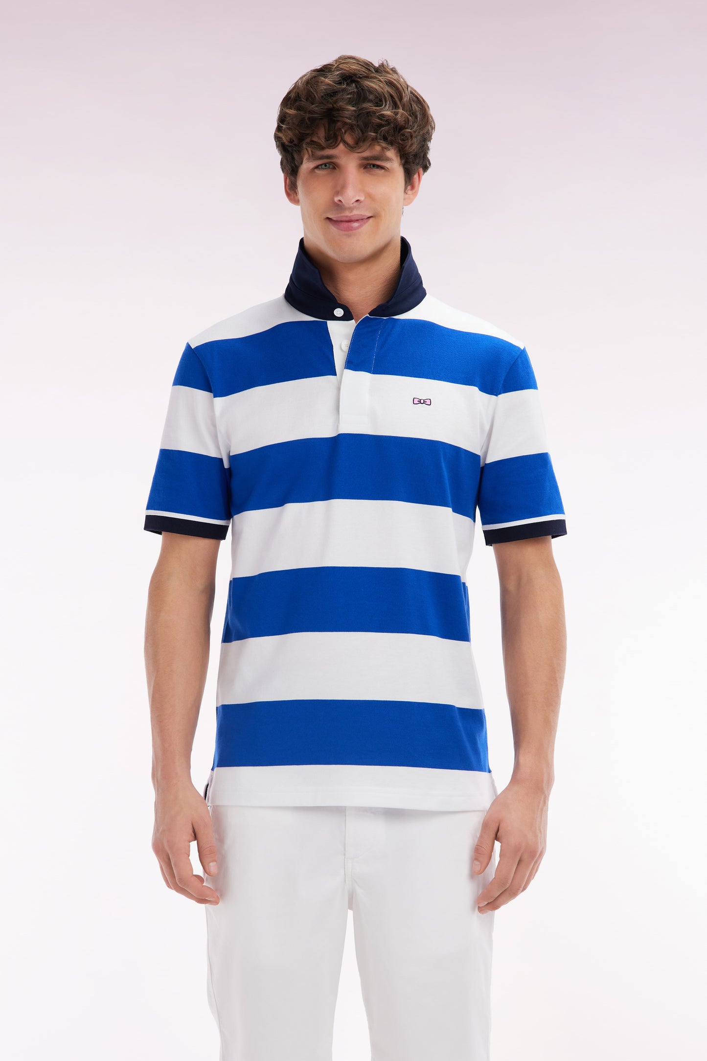 Straight short-sleeved rugby shirt in blue and white striped Pima cotton