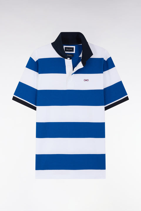 Straight short-sleeved rugby shirt in blue and white striped Pima cotton - Image 2
