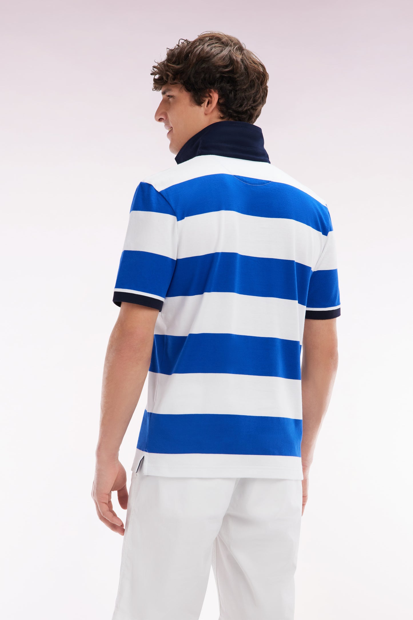 Straight short-sleeved rugby shirt in blue and white striped Pima cotton