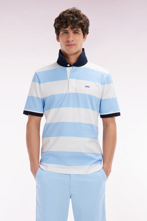 Straight short-sleeved rugby shirt in sky blue and white striped Pima cotton - Image 1