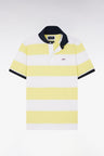 Straight short-sleeved rugby shirt in yellow and white striped Pima cotton