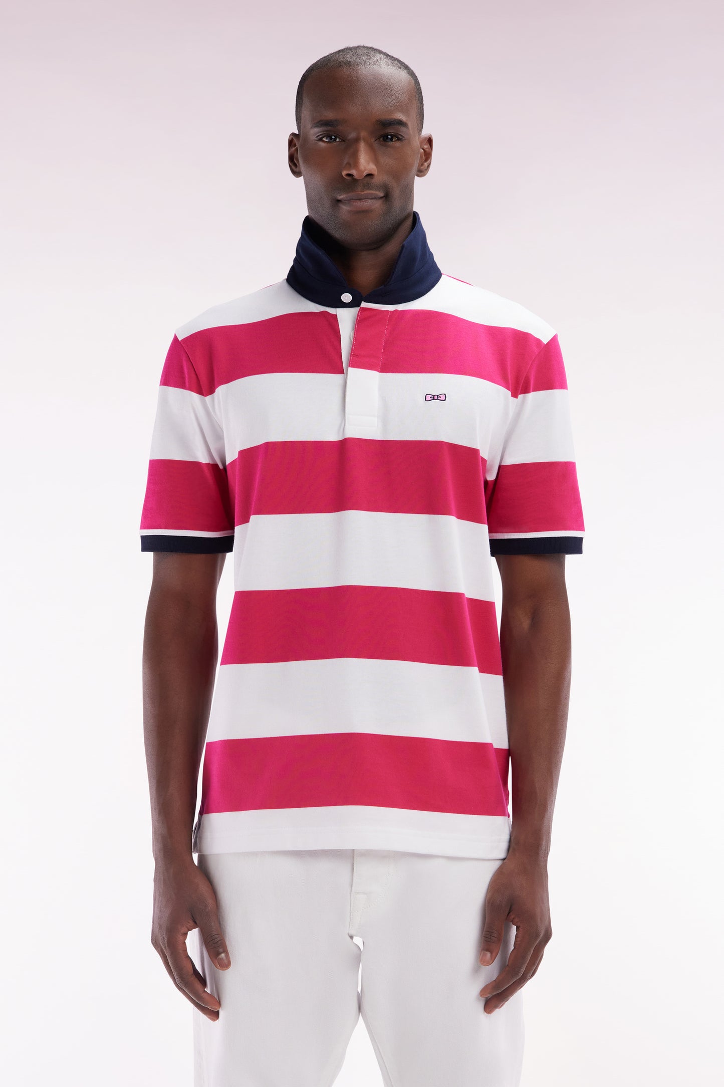 Maillot à manches courtes en coton Pima cerclé fuchsia et blanc coupe droite