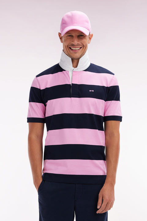 Straight short-sleeved rugby shirt in pink and navy striped Pima cotton - Image 1
