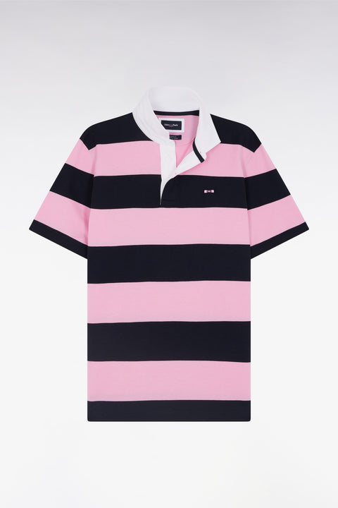 Straight short-sleeved rugby shirt in pink and navy striped Pima cotton - Image 2