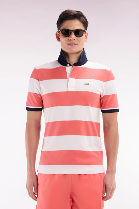 Straight short-sleeved rugby shirt in coral pink and white striped Pima cotton - Image 1