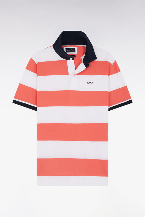 Straight short-sleeved rugby shirt in coral pink and white striped Pima cotton - Image 2
