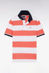 Straight short-sleeved rugby shirt in coral pink and white striped Pima cotton