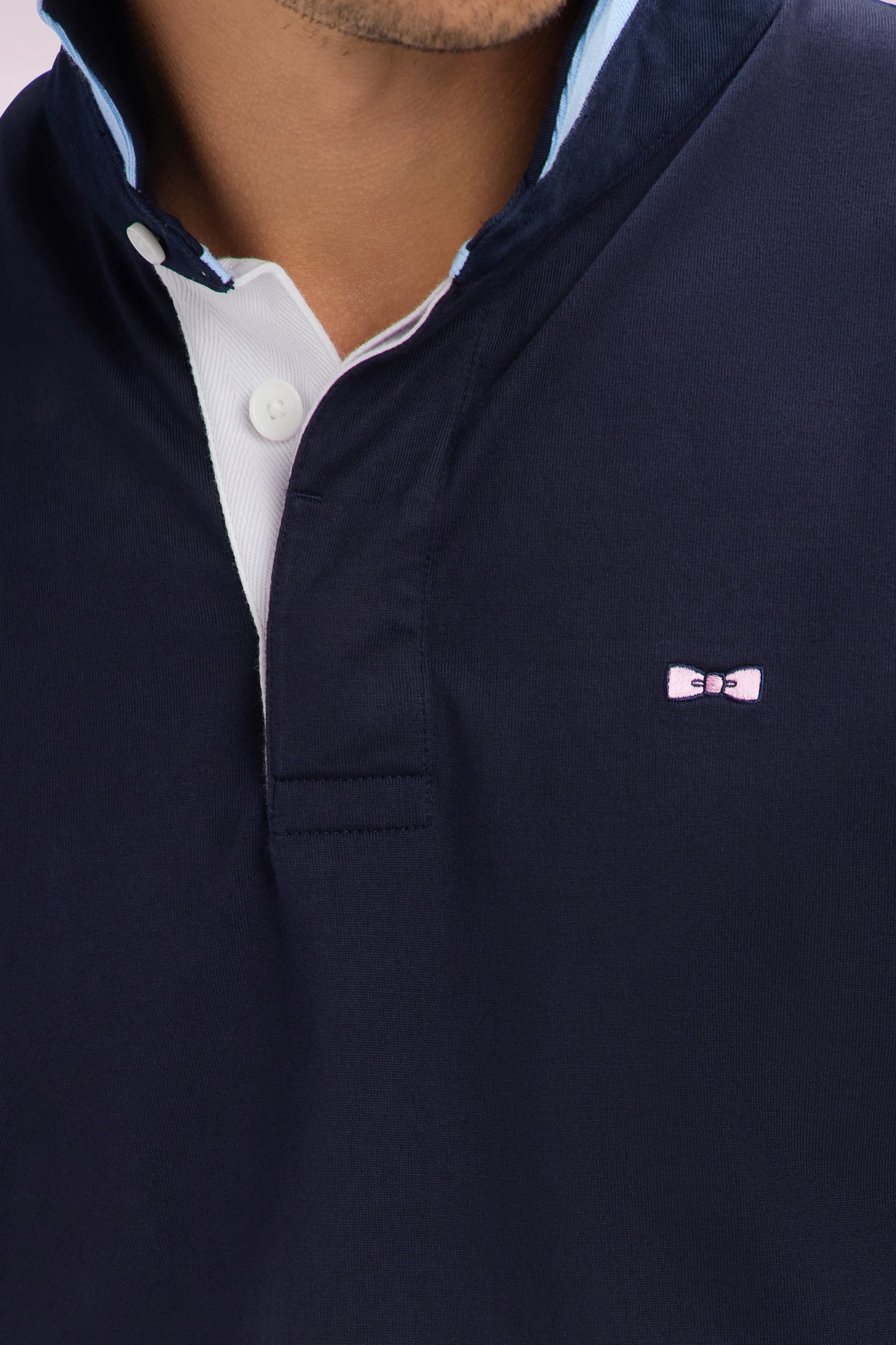 Straight-cut short-sleeved rugby shirt in navy cotton jersey with bow tie embroidery