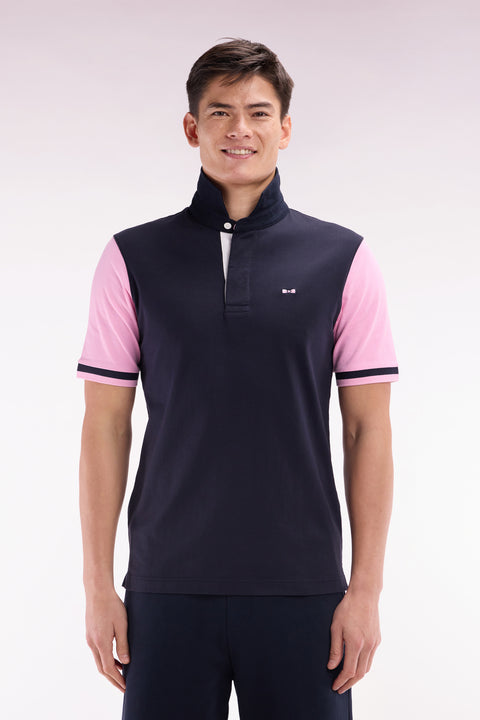 Straight-cut short-sleeved rugby shirt in navy and pink cotton with back embroidery - Image 1