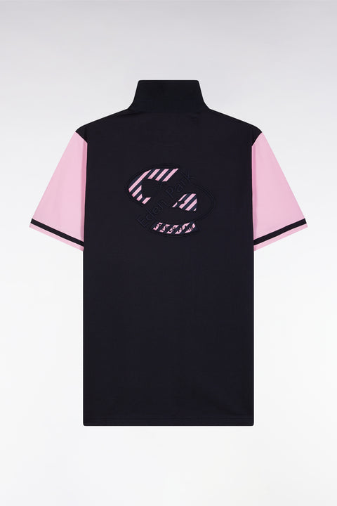 Straight-cut short-sleeved rugby shirt in navy and pink cotton with back embroidery - Image 2