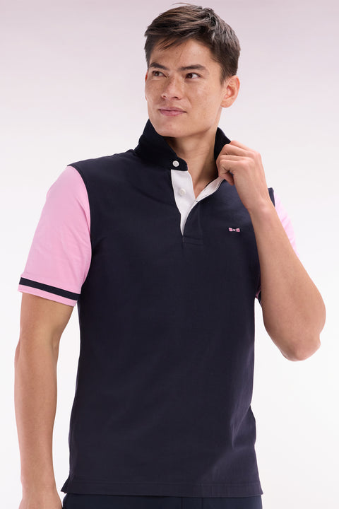 Straight-cut short-sleeved rugby shirt in navy and pink cotton with back embroidery - Image 3