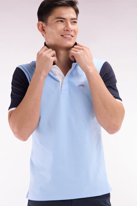 Straight-cut short-sleeved rugby shirt in navy and sky bleu cotton with back embroidery - Image 3