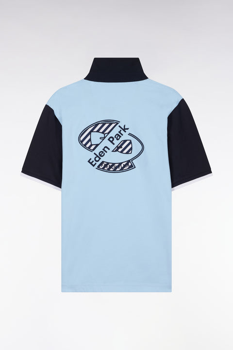 Straight-cut short-sleeved rugby shirt in navy and sky bleu cotton with back embroidery - Image 2