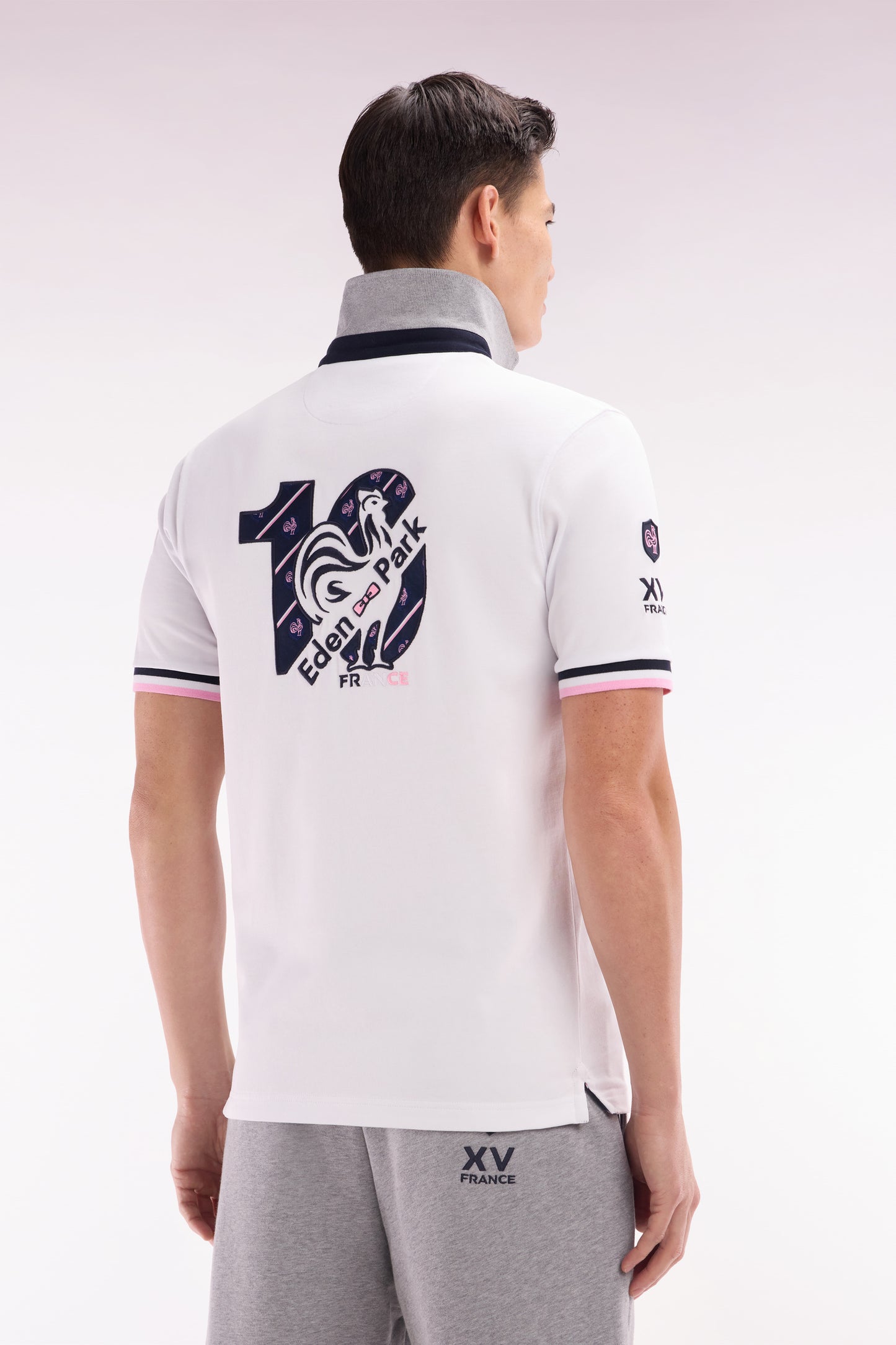 XV de France short-sleeved rugby shirt in white cotton with back embroidery