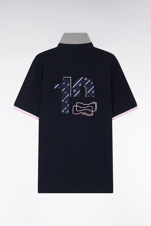 Straight-fit short-sleeved rugby shirt in navy and grey cotton with back embroidery - Image 2