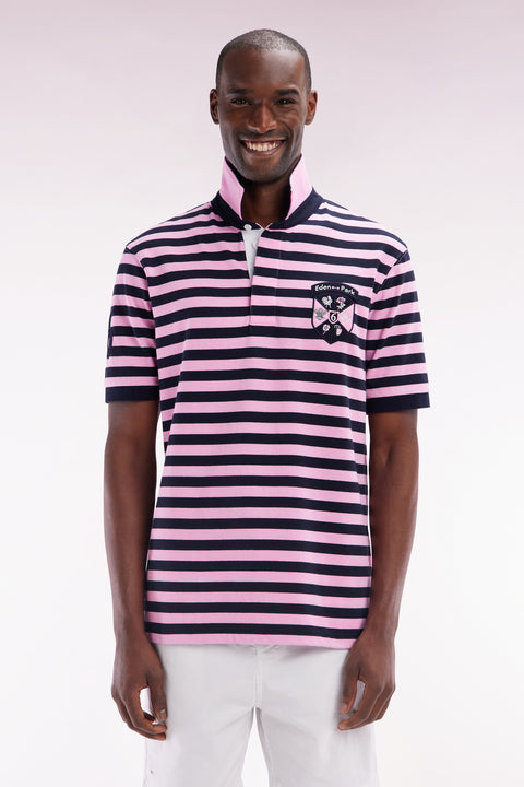 6 Nations straight-fit navy and pink striped short-sleeved rugby shirt - Image 1