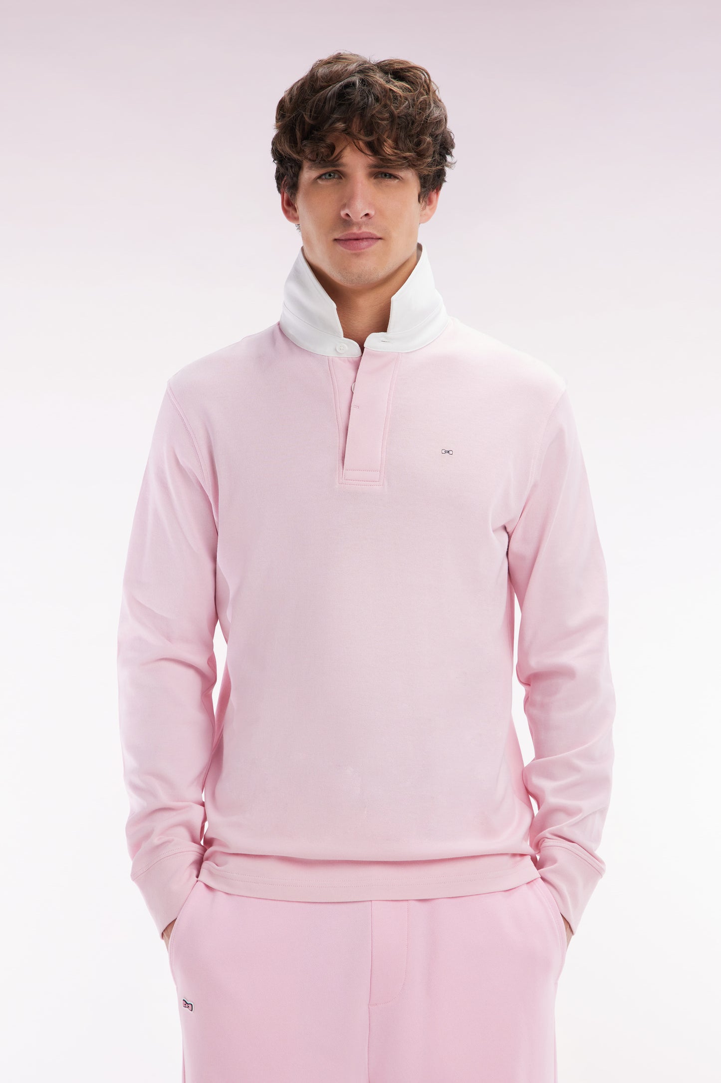 Straight-cut pink Pima cotton long-sleeved rugby shirt