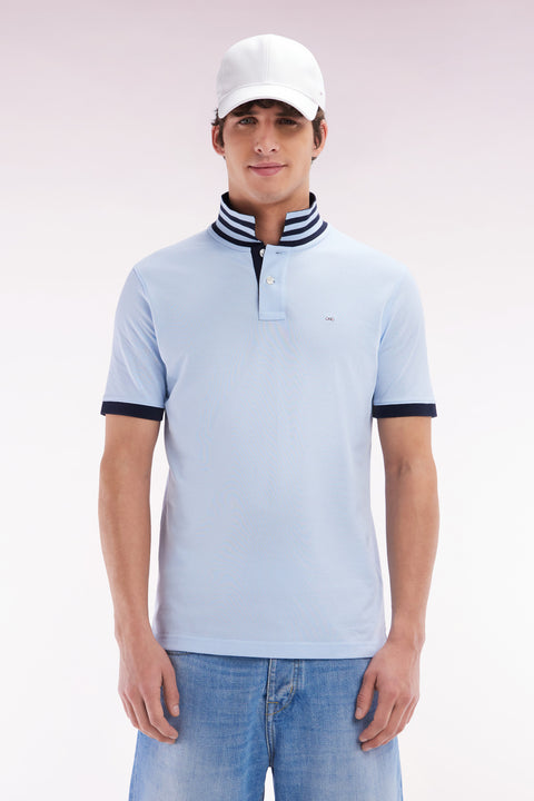 Straight-cut short-sleeved polo shirt in sky blue Pima cotton piqué with striped under collar - Image 1