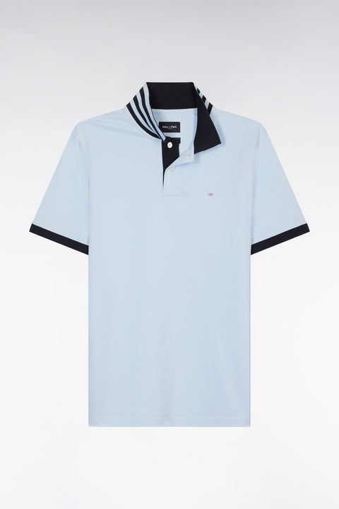 Straight-cut short-sleeved polo shirt in sky blue Pima cotton piqué with striped under collar - Image 2