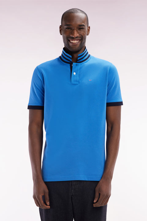 Straight-cut short-sleeved polo shirt in blue Pima cotton piqué with striped under collar - Image 1