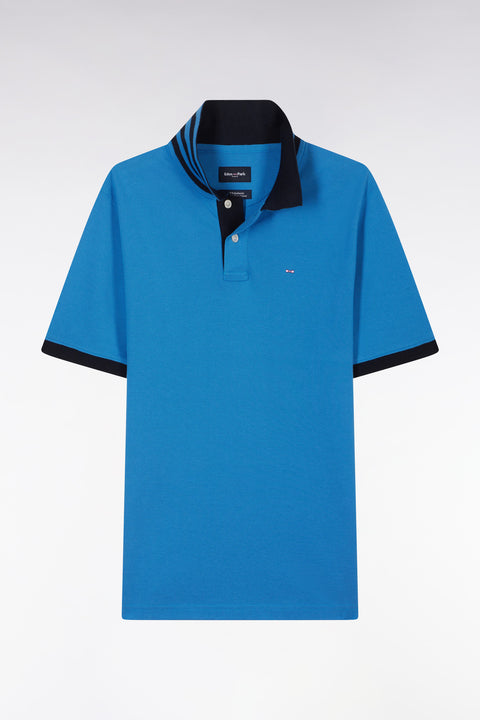 Straight-cut short-sleeved polo shirt in blue Pima cotton piqué with striped under collar - Image 2