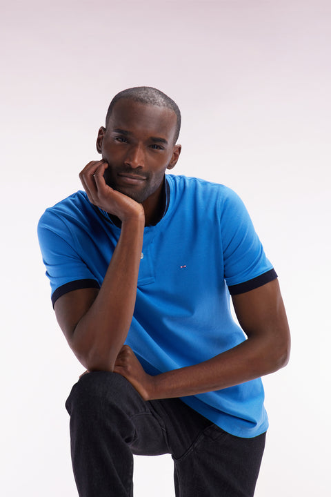 Straight-cut short-sleeved polo shirt in blue Pima cotton piqué with striped under collar - Image 3