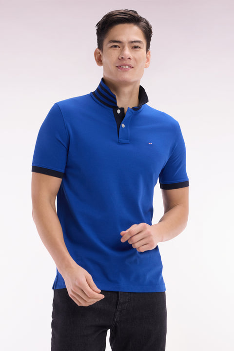 Straight-cut short-sleeved polo shirt in dark blue Pima cotton piqué with striped under collar - Image 3