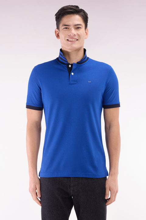 Straight-cut short-sleeved polo shirt in dark blue Pima cotton piqué with striped under collar - Image 1