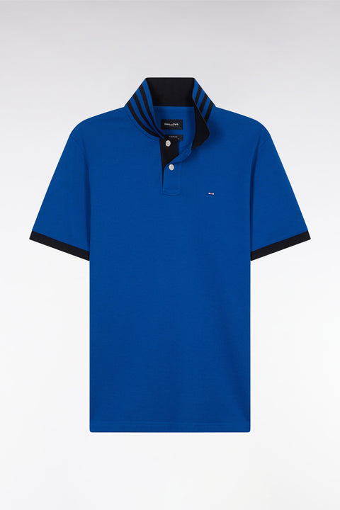 Straight-cut short-sleeved polo shirt in dark blue Pima cotton piqué with striped under collar - Image 2