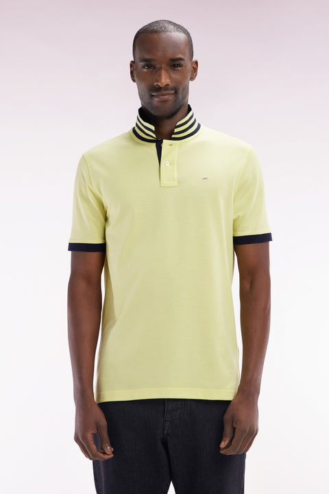 Straight-cut short-sleeved polo shirt in yellow Pima cotton piqué with striped under collar - Image 1