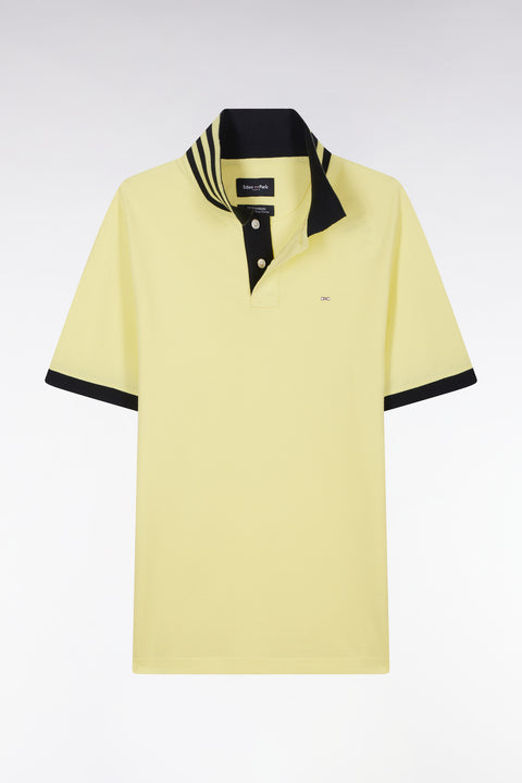 Straight-cut short-sleeved polo shirt in yellow Pima cotton piqué with striped under collar - Image 2