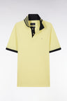 Straight-cut short-sleeved polo shirt in yellow Pima cotton piqué with striped under collar