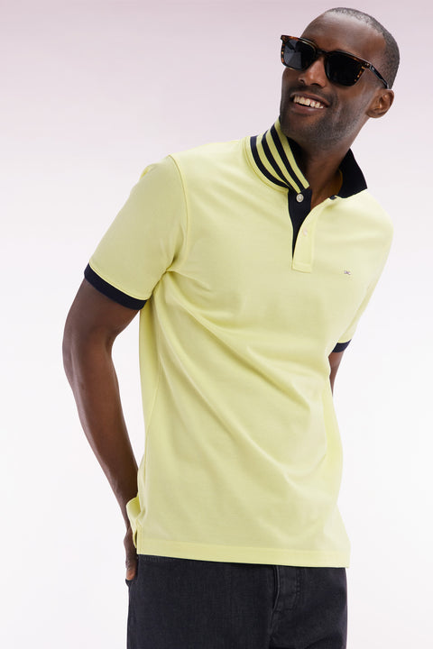 Straight-cut short-sleeved polo shirt in yellow Pima cotton piqué with striped under collar - Image 3