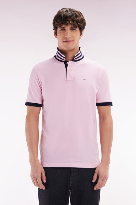 Straight-cut short-sleeved polo shirt in light pink Pima cotton piqué with striped under collar - Image 1