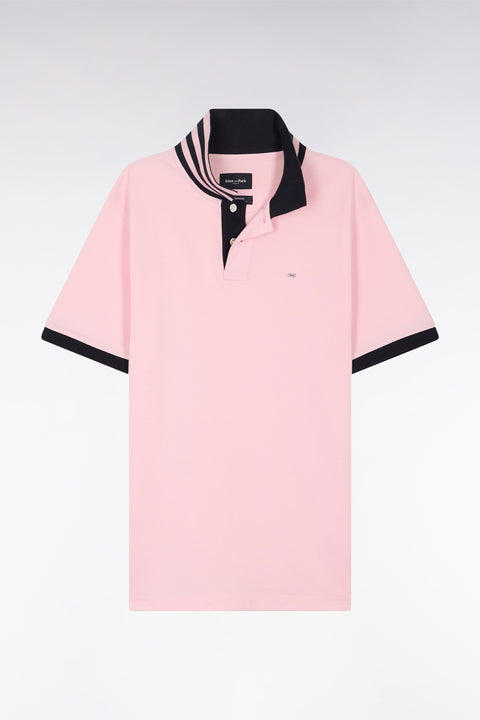 Straight-cut short-sleeved polo shirt in light pink Pima cotton piqué with striped under collar - Image 2