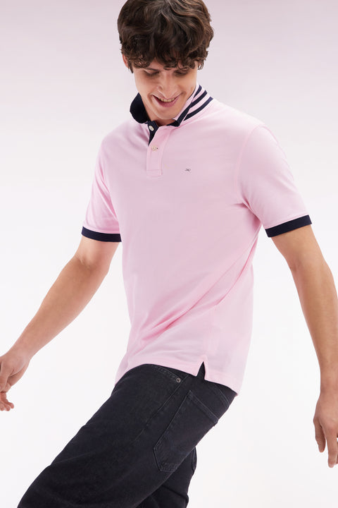Straight-cut short-sleeved polo shirt in light pink Pima cotton piqué with striped under collar - Image 3