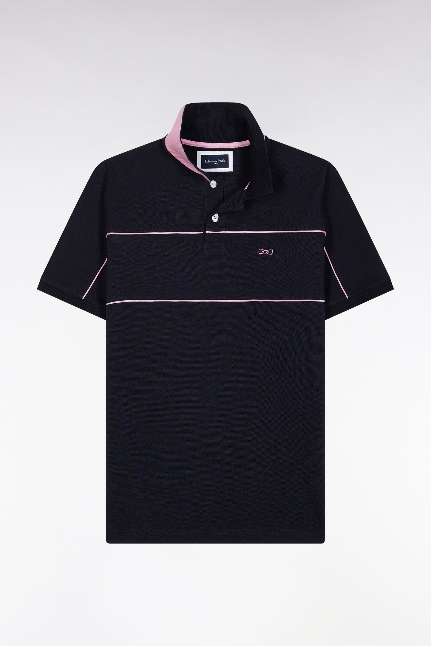 Straight-fit short-sleeved polo shirt in navy cotton piqué with piped cut-outs