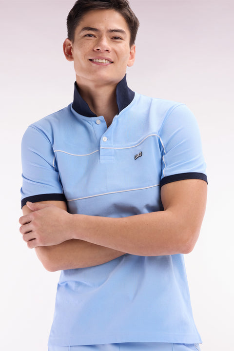 Straight-fit short-sleeved polo shirt in sky blue cotton piqué with piped cut-outs - Image 3