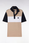 Slim-fit short-sleeved polo shirt in beige stretch cotton with contrasted stripe